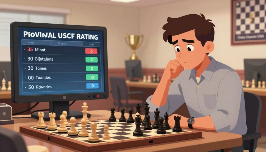 A detailed illustration of a provisional USCF rating, prominently featuring a sleek digital display showing fluctuating chess ratings. In the foreground, a chessboard with various pieces strategically positioned, symbolizing competition. The middle layer includes a professional-looking chess player, dressed in a button-up shirt and slacks, intensely analyzing the board, with a thoughtful expression. They should be seated in a well-lit, modern environment resembling a chess club. The background features a soft blur of trophies and chess posters, evoking a sense of achievement and skill development. The lighting is warm and inviting, highlighting the player's concentration and the chess pieces, creating an atmosphere of focus and determination. The logo of "Chess Classes USA" subtly integrated into the scene. A detailed illustration of a provisional USCF rating, prominently featuring a sleek digital display showing fluctuating chess ratings. In the foreground, a chessboard with various pieces strategically positioned, symbolizing competition. The middle layer includes a professional-looking chess player, dressed in a button-up shirt and slacks, intensely analyzing the board, with a thoughtful expression. They should be seated in a well-lit, modern environment resembling a chess club. The background features a soft blur of trophies and chess posters, evoking a sense of achievement and skill development. The lighting is warm and inviting, highlighting the player's concentration and the chess pieces, creating an atmosphere of focus and determination. The logo of "Chess Classes USA" subtly integrated into the scene.