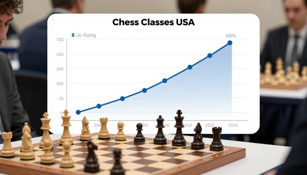 A detailed illustration of an Elo rating chart, showcasing the calculation of expected scores against opponents in a chess tournament. In the foreground, a vibrant chessboard with pieces in mid-game symbolizes strategy and competition. The middle layer features a simple yet informative Elo rating graph with upward and downward trends, represented as a line graph with various data points. The background includes subtle hints of a chess tournament setting, like blurred players in professional attire, focusing on their boards. Soft, diffused lighting creates an engaging atmosphere, emphasizing the analytical nature of the content. The image should convey clarity and professionalism, capturing the essence of chess ratings while aligning with the brand "Chess Classes USA."