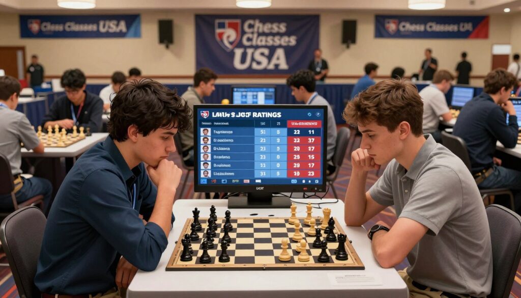 A detailed illustration of how USCF ratings work in competitive play, featuring a professional chess tournament scene. In the foreground, two serious players in smart casual clothing are focused on a chessboard, analyzing their moves. The middle ground showcases a digital scoreboard displaying players' ratings and live results, highlighting the competitive atmosphere. The background depicts a bustling chess hall filled with spectators, with banners featuring "Chess Classes USA" prominently displayed. The lighting is bright and focused, emphasizing the tension and concentration in the air. The image conveys a dynamic and engaging mood, ideal for new players to understand the importance of USCF ratings in chess competitions. A detailed illustration of how USCF ratings work in competitive play, featuring a professional chess tournament scene. In the foreground, two serious players in smart casual clothing are focused on a chessboard, analyzing their moves. The middle ground showcases a digital scoreboard displaying players' ratings and live results, highlighting the competitive atmosphere. The background depicts a bustling chess hall filled with spectators, with banners featuring "Chess Classes USA" prominently displayed. The lighting is bright and focused, emphasizing the tension and concentration in the air. The image conveys a dynamic and engaging mood, ideal for new players to understand the importance of USCF ratings in chess competitions.