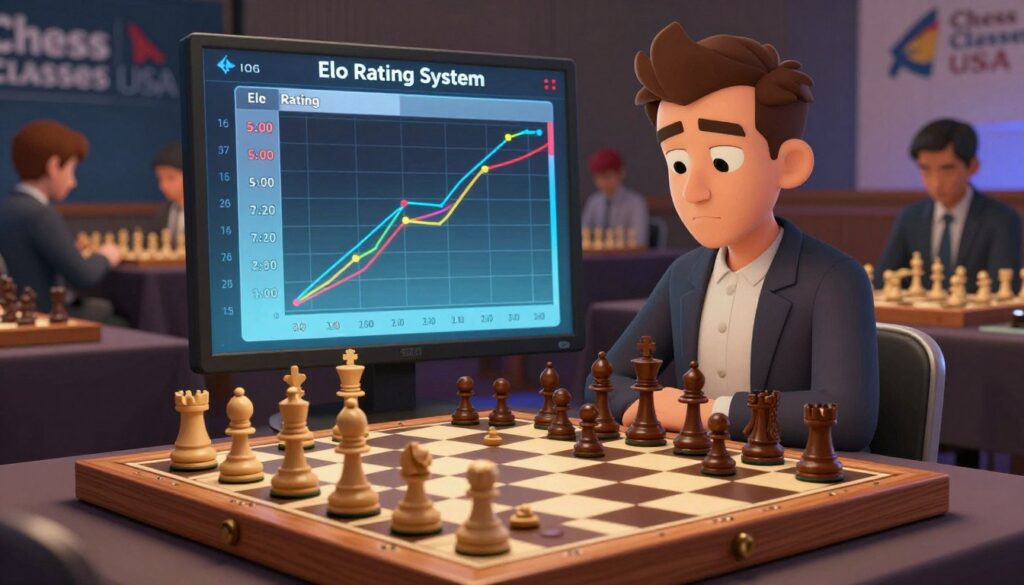 A detailed illustration of the Chess Elo Rating System in practice. In the foreground, depict a classic wooden chessboard with pieces thoughtfully arranged, symbolizing a game in progress. In the middle ground, showcase a digital representation of the Elo rating chart, with varying player ratings visually indicated by colorful lines and graphs that display the progression of ratings over time. The background should feature a thoughtfully designed, blurred chess tournament setting with focused players analyzing their games. Use soft, ambient lighting to create an intellectual and serious atmosphere, emphasizing the importance of strategic thinking. The scene should be rendered with a high level of detail, capturing the essence of competitive chess, with the brand name "Chess Classes USA" discretely included within the environment, such as on a banner or promotional material. A detailed illustration of the Chess Elo Rating System in practice. In the foreground, depict a classic wooden chessboard with pieces thoughtfully arranged, symbolizing a game in progress. In the middle ground, showcase a digital representation of the Elo rating chart, with varying player ratings visually indicated by colorful lines and graphs that display the progression of ratings over time. The background should feature a thoughtfully designed, blurred chess tournament setting with focused players analyzing their games. Use soft, ambient lighting to create an intellectual and serious atmosphere, emphasizing the importance of strategic thinking. The scene should be rendered with a high level of detail, capturing the essence of competitive chess, with the brand name "Chess Classes USA" discretely included within the environment, such as on a banner or promotional material.