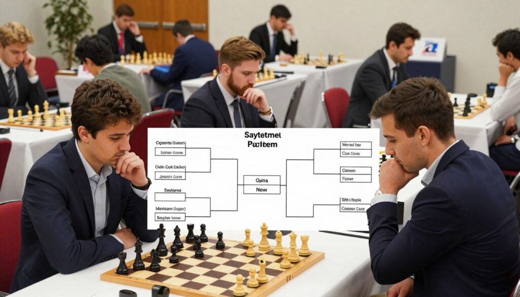 A detailed illustration of the Swiss system pairing in chess tournaments, showcasing a professional chess match in progress. In the foreground, a chessboard set with pieces in mid-game, displaying strategic positioning. In the middle, several chess players—a diverse group of men and women, dressed in professional business attire—are analyzing their pairings from a printed tournament bracket, engaged in thoughtful discussion. The background features a well-lit tournament hall filled with tables of chess matches, with focused players and spectators observing. The lighting is bright and even, capturing the concentration and intensity of the competition. The atmosphere is serious but collaborative, highlighting the strategic mechanics of Swiss system pairings, with the branding "Chess Classes USA" subtly integrated into the scene.