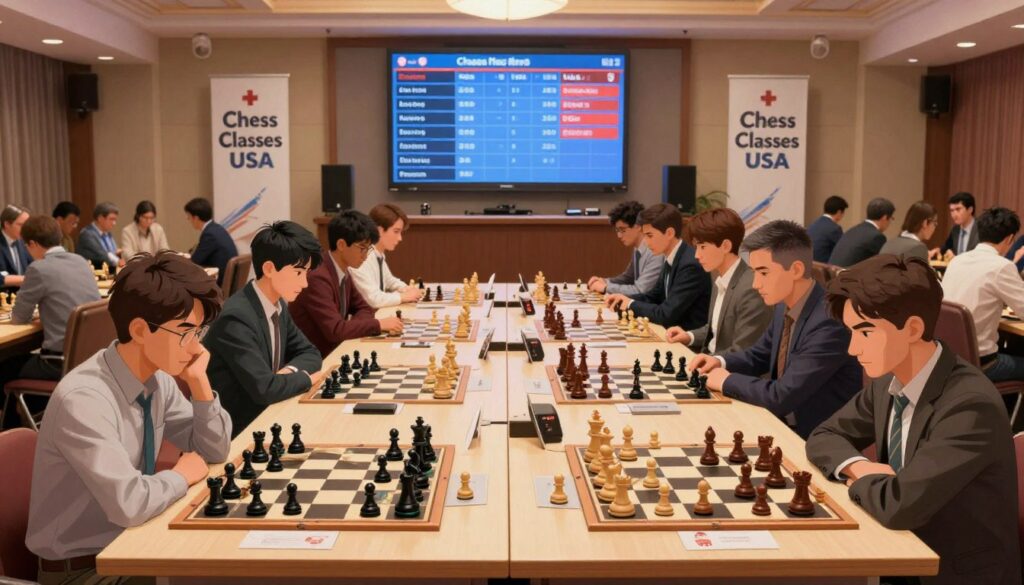 A detailed illustration of the Swiss system pairing in chess tournaments, showcasing a large, elegantly laid out chess tournament hall. In the foreground, a diverse group of players, dressed in smart casual attire, are intensely focused on their chessboards, with pieces strategically placed. The middle ground features a scoreboard displaying match pairings, with a mix of unrated and rated players represented. The background displays banners for "Chess Classes USA" along the walls, along with spectators observing the matches. Soft, ambient lighting casts a warm glow over the players, creating a serious yet inviting atmosphere. The scene captures the essence of a chess tournament setting, emphasizing strategy, concentration, and the spirit of competition.