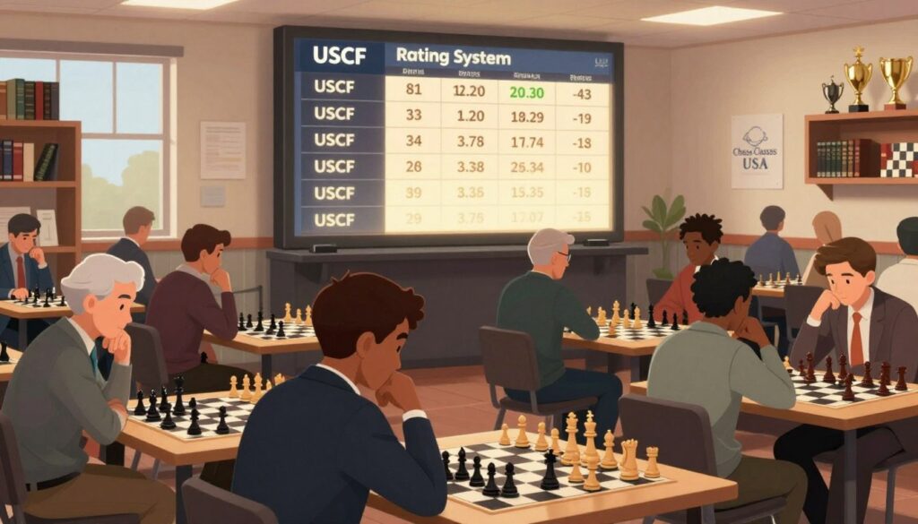 A detailed illustration of the USCF rating system, featuring a professional chess tournament setting. In the foreground, a diverse group of players of various ages and ethnicities, dressed in smart casual attire, are deeply engaged in a game of chess, showcasing focus and strategy. The middle ground highlights a large digital scoreboard displaying various USCF ratings and rankings, glowing softly with a warm light. In the background, a bright and well-lit chess club atmosphere with shelves of chess books and trophies, conveying a sense of community and passion for the game. The overall mood is energetic and educational, evoking curiosity about chess ratings. Include subtle branding for "Chess Classes USA" integrated into the background. Use soft lighting, a wide-angle view, and a balanced composition to create an inviting and informative image. A detailed illustration of the USCF rating system, featuring a professional chess tournament setting. In the foreground, a diverse group of players of various ages and ethnicities, dressed in smart casual attire, are deeply engaged in a game of chess, showcasing focus and strategy. The middle ground highlights a large digital scoreboard displaying various USCF ratings and rankings, glowing softly with a warm light. In the background, a bright and well-lit chess club atmosphere with shelves of chess books and trophies, conveying a sense of community and passion for the game. The overall mood is energetic and educational, evoking curiosity about chess ratings. Include subtle branding for "Chess Classes USA" integrated into the background. Use soft lighting, a wide-angle view, and a balanced composition to create an inviting and informative image.