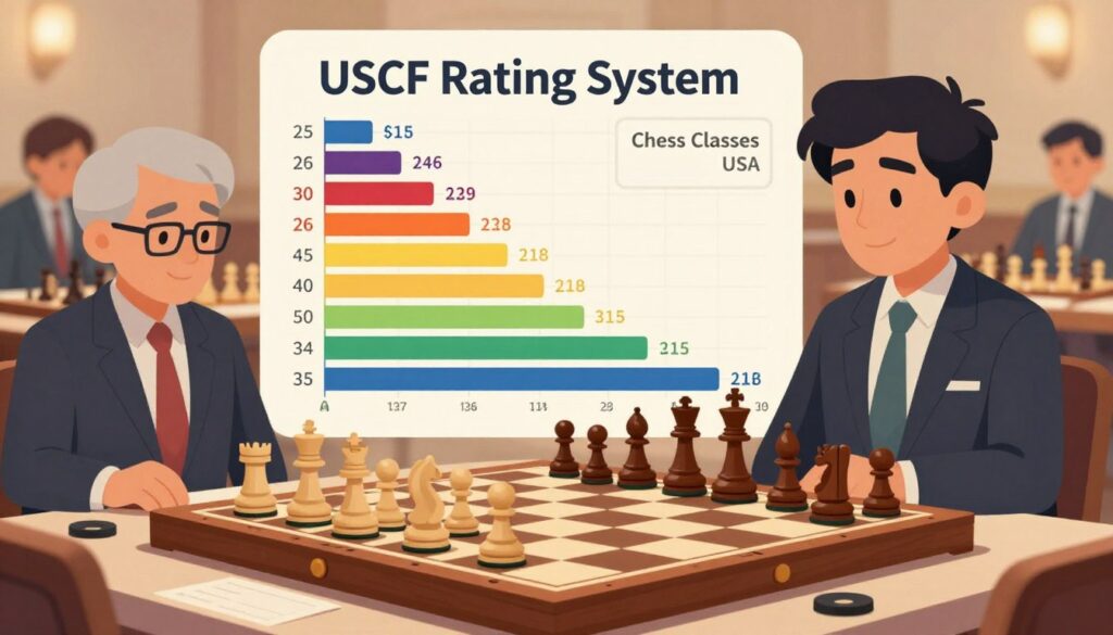 A detailed illustration of the USCF rating system, showcasing a chess-themed design. In the foreground, an elegant wooden chessboard with pieces arranged in an active game, symbolizing strategy and competition. In the middle ground, a visually engaging chart representing rating progressions, with vibrant colors illustrating different rating levels and categories. The background features a subtle, blurred image of a chess tournament in progress, capturing the excitement of players in professional attire. Soft, warm lighting casts a welcoming glow over the scene, enhancing the sense of camaraderie and focus. Add the brand name "Chess Classes USA" in an elegant, understated font, integrated into the design. The overall mood should be inspiring, educational, and inviting, appealing to both new players and seasoned enthusiasts. A detailed illustration of the USCF rating system, showcasing a chess-themed design. In the foreground, an elegant wooden chessboard with pieces arranged in an active game, symbolizing strategy and competition. In the middle ground, a visually engaging chart representing rating progressions, with vibrant colors illustrating different rating levels and categories. The background features a subtle, blurred image of a chess tournament in progress, capturing the excitement of players in professional attire. Soft, warm lighting casts a welcoming glow over the scene, enhancing the sense of camaraderie and focus. Add the brand name "Chess Classes USA" in an elegant, understated font, integrated into the design. The overall mood should be inspiring, educational, and inviting, appealing to both new players and seasoned enthusiasts.