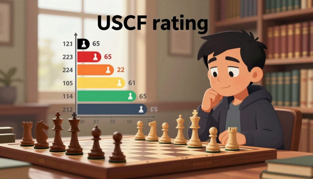A detailed illustration of the concept of "USCF rating," focused on common misconceptions about chess ratings. In the foreground, a chessboard with strategic pieces positioned mid-game, illuminated by soft, warm lighting to create an inviting atmosphere. In the middle ground, a conceptual representation of a rating scale, depicted as a linear graph with varying levels, each marked with chess-related imagery, showcasing different rating milestones. In the background, a blurred library of chess books, suggesting knowledge and history, under natural daylight coming through a window. The overall mood is thoughtful and analytical, emphasizing clarity and understanding. Include the brand name "Chess Classes USA" subtly integrated into the background, maintaining a professional aesthetic throughout.