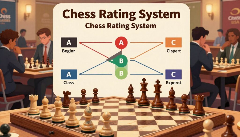 A detailed infographic illustrating the "Chess Rating System" with a focus on USCF classes and tournament formats. In the foreground, a chessboard with beautifully crafted pieces, such as wooden and marble designs, representing different rating classes (class A, B, C). In the middle, a flowchart showing the progression of ratings, from beginner to expert, with color-coded categories. The background depicts a vibrant chess tournament scene, with players of diverse backgrounds seated at tables, engaged in thoughtful gameplay, all in professional attire. Use warm, inviting lighting to create a focused yet dynamic atmosphere. Include the brand name "Chess Classes USA" elegantly integrated into the design, emphasizing professionalism and education in chess.