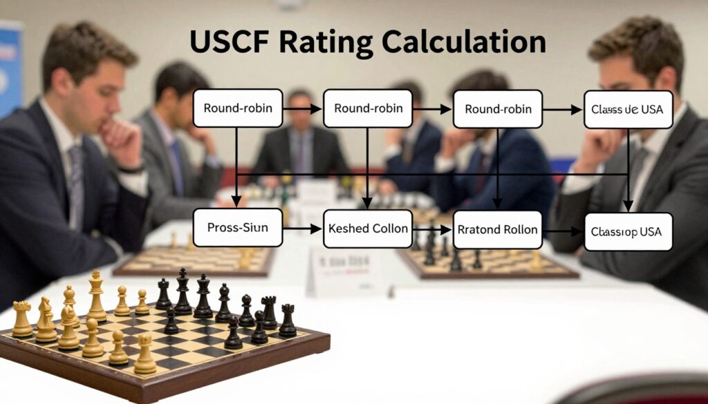 A detailed infographic showcasing the "USCF Rating Calculation" process, designed for clarity and visual appeal. **Foreground**: A prominent chessboard with pieces set up for a game, symbolizing strategy. **Middle**: Flowcharts illustrating different tournament formats (round-robin, Swiss, knockout) leading to a rating calculation, with arrows connecting various elements. **Background**: A soft-focus chess tournament setting with players engaged in thoughtful consideration, dressed in professional attire. High contrast lighting highlights the chessboard, creating an engaging atmosphere. The image should include subtle branding for "Chess Classes USA" integrated into the flowchart. The overall mood should be informative and competitive, reflecting the importance of understanding rating stability in chess. A detailed infographic showcasing the "USCF Rating Calculation" process, designed for clarity and visual appeal. **Foreground**: A prominent chessboard with pieces set up for a game, symbolizing strategy. **Middle**: Flowcharts illustrating different tournament formats (round-robin, Swiss, knockout) leading to a rating calculation, with arrows connecting various elements. **Background**: A soft-focus chess tournament setting with players engaged in thoughtful consideration, dressed in professional attire. High contrast lighting highlights the chessboard, creating an engaging atmosphere. The image should include subtle branding for "Chess Classes USA" integrated into the flowchart. The overall mood should be informative and competitive, reflecting the importance of understanding rating stability in chess.