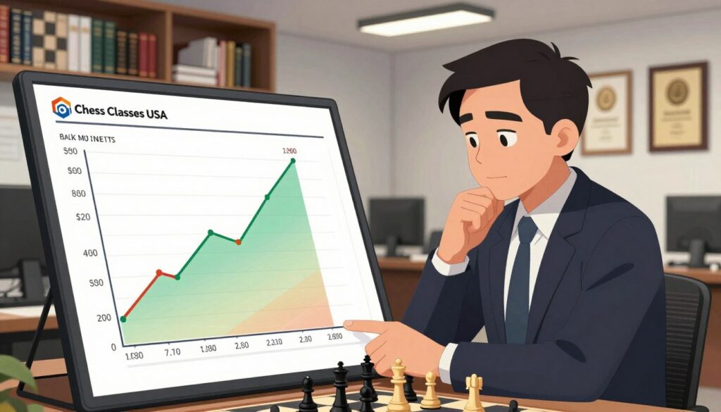 A detailed performance rating chart displayed prominently in the foreground, showcasing dynamic, colorful graphs and numerical ratings, conveying upward and downward trends. In the middle, a professional individual, dressed in business attire, examines the rating report with a thoughtful expression, looking engaged. The background features a modern, well-lit office environment, with a bookshelf filled with chess-related literature and awards on the walls. Soft lighting enhances the focus on the performance data, creating a serious yet encouraging atmosphere. The scene captures the essence of analyzing performance ratings in chess, perfectly suited for an educational context. Include a subtle branding element of "Chess Classes USA" in the chart design, synthesizing with the overall theme of improvement and mastery in chess.