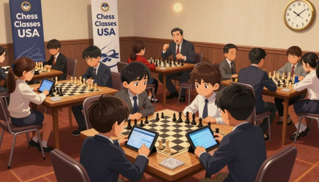 A detailed scene depicting a chess tournament preparation setting, focusing on an elegant tournament hall filled with wooden chess tables neatly arranged. In the foreground, a group of children in professional business attire, studying tournament formats and time controls on their digital tablets, displaying concentration and excitement. In the middle ground, a parent enthusiastically discussing strategies with a coach, all surrounded by various chess boards set up for practice. The background features banners displaying "Chess Classes USA" and large clocks for time control, with soft, warm lighting casting a focused yet relaxed atmosphere. The angle is slightly elevated, capturing the vibrant interactions and the spirit of competition, conveying anticipation and a sense of preparation for young chess enthusiasts.