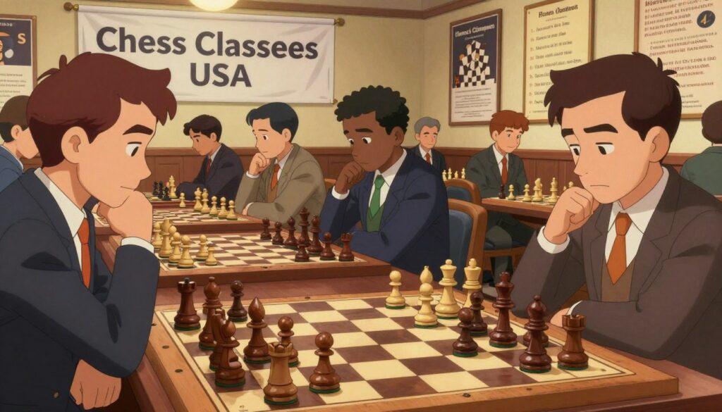 A detailed, vibrant scene depicting a chess tournament history, featuring a beautifully arranged chessboard foreground with elegantly carved pieces in play. In the middle ground, chess players of diverse backgrounds, dressed in professional attire, are deeply focused on their matches, showcasing intense concentration and strategic thinking. In the background, a large banner reading "Chess Classes USA" is displayed prominently, along with wall-mounted posters illustrating notable chess games and timelines of famous chess tournaments. Soft, warm lighting bathes the scene, creating a welcoming yet competitive atmosphere, reminiscent of historic chess halls. The camera angle captures the excitement of the players and the richness of the chess environment, inviting the viewer into the world of chess competitions and performance analysis.
