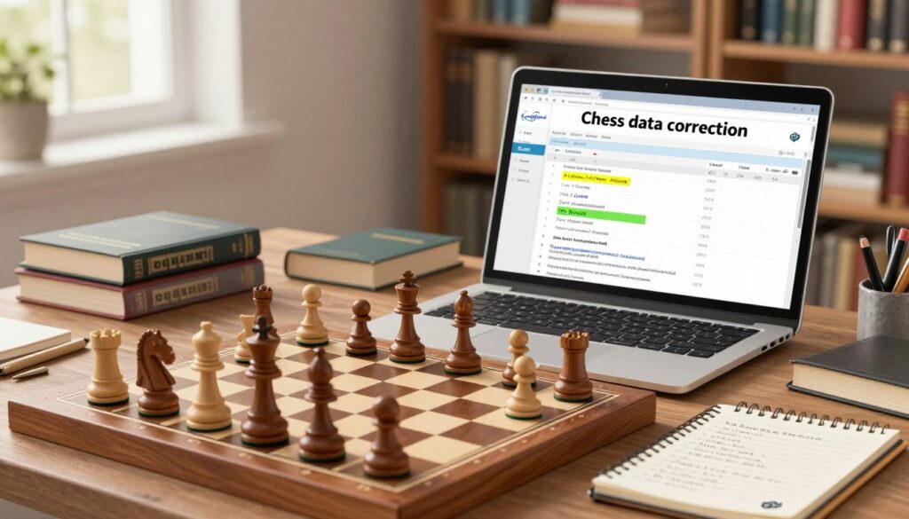 A detailed workspace highlighting "Chess data correction" set for troubleshooting rating data issues. In the foreground, a wooden chessboard featuring elegantly crafted pieces set up mid-game, symbolizing strategic thinking. Beside it, an open laptop displays a USCF rating report with a spreadsheet app featuring highlighted miscalculations and annotations. In the middle ground, various chess books and a notepad with organized notes on common rating issues surround the laptop, conveying a sense of analysis. The background features a softly lit room with bookshelves filled with chess literature and a window allowing natural light to filter in, evoking a tranquil yet focused atmosphere. The entire scene reflects professionalism and attention to detail. Branding element: subtle inclusion of "Chess Classes USA" on the laptop screen in the foreground.