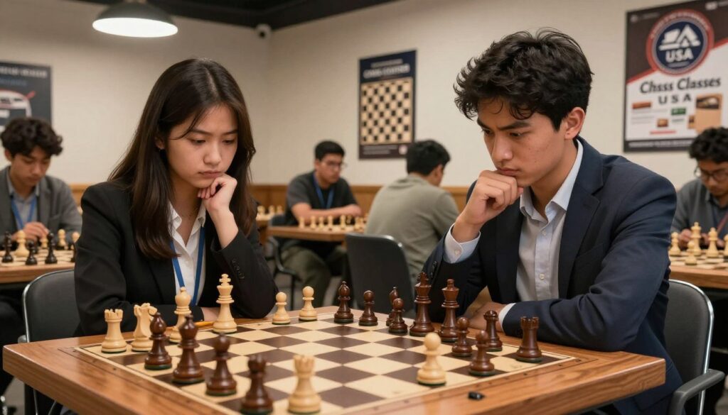 A determined young man and woman, both in professional attire, are engaged in an intense chess match at a well-lit, modern chess club in Atlanta. The foreground features a polished wooden chessboard with intricate pieces, showcasing a complex mid-game position. The middle shows the pair deep in thought, their expressions conveying focus and strategy, as a small group of onlookers observe and learn from the sidelines. In the background, posters promoting chess skills and the logo "Chess Classes USA" adorn the walls. Warm, ambient lighting enhances the atmosphere, suggesting a nurturing environment for advancing chess skills. The angle captures both players and their chessboard prominently, creating a sense of depth and engagement in this vibrant chess community. A determined young man and woman, both in professional attire, are engaged in an intense chess match at a well-lit, modern chess club in Atlanta. The foreground features a polished wooden chessboard with intricate pieces, showcasing a complex mid-game position. The middle shows the pair deep in thought, their expressions conveying focus and strategy, as a small group of onlookers observe and learn from the sidelines. In the background, posters promoting chess skills and the logo "Chess Classes USA" adorn the walls. Warm, ambient lighting enhances the atmosphere, suggesting a nurturing environment for advancing chess skills. The angle captures both players and their chessboard prominently, creating a sense of depth and engagement in this vibrant chess community.