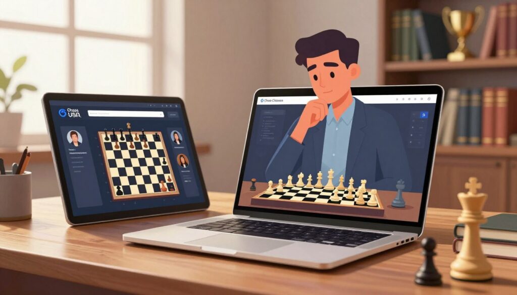 A digital illustration depicting a sleek online chess platform interface on a modern laptop, set on a polished wooden desk. The foreground features a close-up of a chessboard on the screen, with a vibrant digital display showing a chess game in progress and player profiles. In the middle ground, a professional individual, dressed in business casual attire, is engaged in thoughtful concentration as they play. The background includes soft natural lighting from a nearby window, casting a warm glow, with a blurred bookshelf filled with chess books and trophies, creating a scholarly ambiance. Emphasize a sense of strategy and focus, showcasing the evolution of chess in a digital age. Incorporate the brand name "Chess Classes USA" subtly as part of the digital interface design.