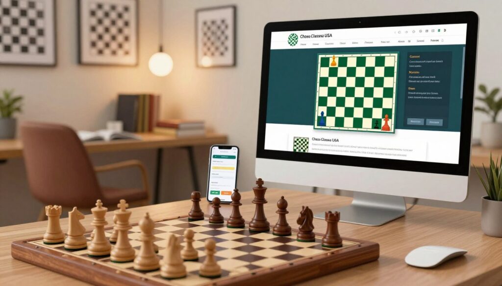 A digital workspace showcasing online chess resources, with a sleek computer monitor displaying a colorful chessboard and online tutorials. In the foreground, a wooden chess set is elegantly arranged, with a focus on strategically placed pieces. The middle layer features a cozy home office setting, complete with a comfortable chair, chess books, and a smartphone displaying a chess application. In the background, soft lighting illuminates a wall filled with framed chess-themed artwork. The atmosphere is inviting and educational, suggesting a blend of relaxation and focus on learning chess. Include the logo of "Chess Classes USA" subtly integrated into the monitor's display. The overall mood is one of exploration and community engagement in the world of chess.
