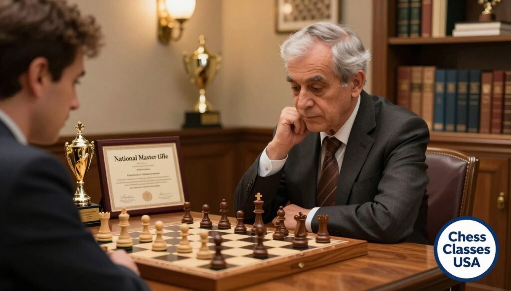 A distinguished chess master, dressed in professional business attire, sits confidently at a polished wooden chess table, deeply focused on an intense game against a blurred opponent. The foreground displays an intricate chessboard with strategic pieces in mid-game. In the middle ground, trophies and a certificate representing the "National Master title" gleam softly, symbolizing achievement in the atmosphere of intellectual rigor. The background features a warm, softly lit room with shelves filled with chess books and elegant decor, enhancing a sense of expertise and culture in the chess community. The overall mood is inspiring and contemplative, with warm lighting illuminating the scene to evoke hope and ambition. A subtle logo of "Chess Classes USA" is integrated into the chessboard design, symbolizing the dedication to mastering the game. A distinguished chess master, dressed in professional business attire, sits confidently at a polished wooden chess table, deeply focused on an intense game against a blurred opponent. The foreground displays an intricate chessboard with strategic pieces in mid-game. In the middle ground, trophies and a certificate representing the "National Master title" gleam softly, symbolizing achievement in the atmosphere of intellectual rigor. The background features a warm, softly lit room with shelves filled with chess books and elegant decor, enhancing a sense of expertise and culture in the chess community. The overall mood is inspiring and contemplative, with warm lighting illuminating the scene to evoke hope and ambition. A subtle logo of "Chess Classes USA" is integrated into the chessboard design, symbolizing the dedication to mastering the game.