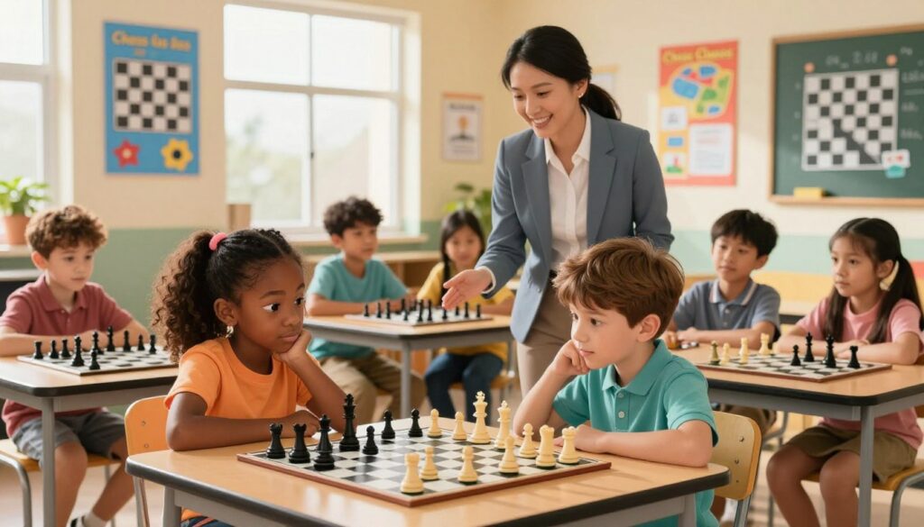 A diverse group of young students, including African American, Hispanic, Asian, and Caucasian kids, engaged in an enthusiastic chess lesson inside a brightly lit, inviting classroom. In the foreground, a girl and a boy are deep in concentration, examining a chessboard with thoughtful expressions. In the middle ground, an instructor, dressed in professional attire, guides another pair of students, explaining strategies with a friendly smile. Colorful educational posters about chess tactics adorn the walls, and a window in the background allows sunlight to flood the room, creating a warm and encouraging atmosphere. The scene encapsulates cooperation and inclusivity, representing the excitement of scholastic chess education. The logo "Chess Classes USA" is subtly integrated into the background as part of the educational materials.