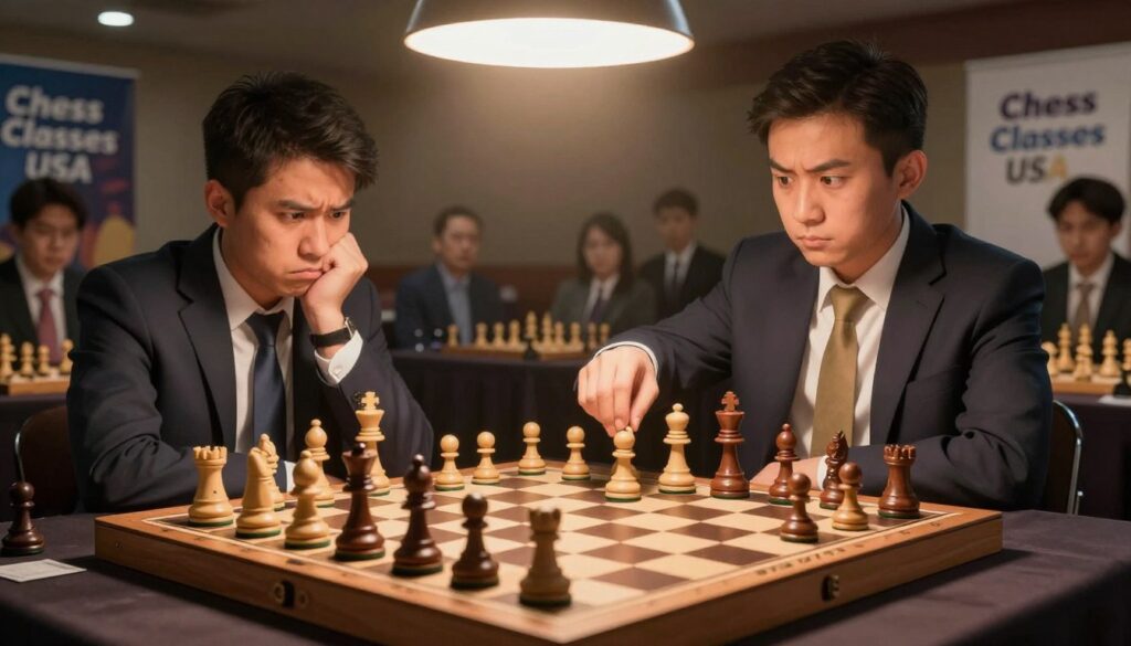 A dramatic chess scene depicting common mistakes during the opening phase of a game. In the foreground, a beautifully crafted wooden chessboard with pieces misaligned, highlighting errors such as an exposed king or misplaced pawns. The middle ground features two players in professional business attire, one looking frustrated, the other confidently making a move. The background includes a subtle blur of spectators, focused on the game, with a bright overhead light illuminating the board, creating a warm yet tense atmosphere. The scene conveys the seriousness of competitive chess, reflecting the essence of learning from mistakes. The environment is set in a chess tournament hall with banners of "Chess Classes USA" subtly displayed.