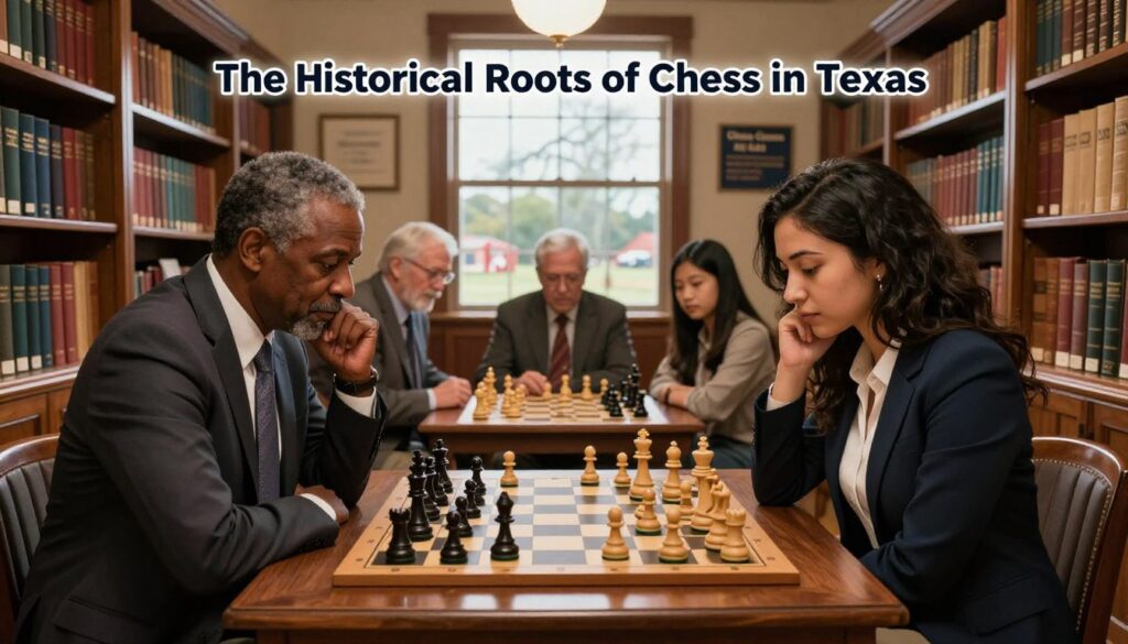A dramatic scene capturing a competitive chess match, set in a spacious, elegantly decorated Texas library with wooden bookshelves filled with historical chess books. In the foreground, two players, a middle-aged African American man and a young Hispanic woman, concentrate intensely on the chessboard, their expressions reflecting deep thought and strategy. Both dressed in smart business attire, highlighting the professionalism of competitive chess. In the middle ground, a small audience of diverse spectators, including an older white gentleman and a young Asian girl, watch closely, creating a sense of community and engagement. Soft, warm lighting filters through large windows, casting gentle shadows, while a rustic Texas landscape can be seen outside. The atmosphere should evoke a sense of serious competition and rich history, perfect for illustrating "The Historical Roots of Chess in Texas." Include the brand "Chess Classes USA" subtly in the background.