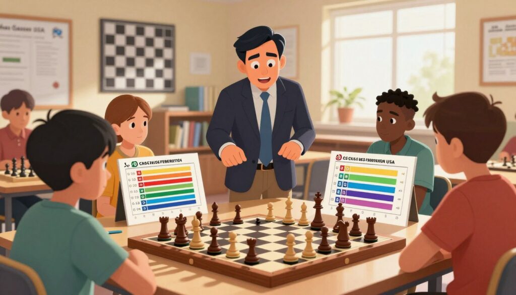 A dynamic and engaging depiction of an official chess rating context. In the foreground, a wooden chessboard with classic pieces, each in mid-game, displays a competitive atmosphere. Surrounding the chessboard, vibrant charts and graphs illustrating the US Chess Federation rating system, with varying rating ranges and icons representing different player levels. In the middle ground, a professional-looking chess instructor wearing business attire, engaged in explaining the rating system to a diverse group of beginners, all attentively focused. The background features a soft-focus classroom setting with chess posters and bookshelves filled with chess literature. The lighting is warm and inviting, with sun streaming through a window, creating a sense of enthusiasm and opportunity. The branding "Chess Classes USA" subtly integrated into the scene to enhance the educational theme.