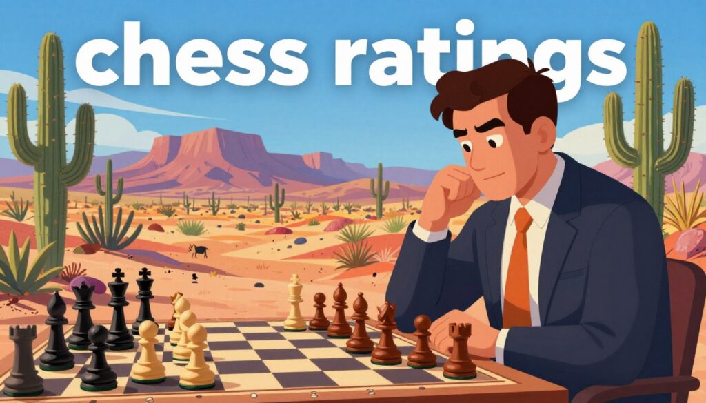 A dynamic and engaging scene illustrating the concept of "chess ratings" in Arizona. In the foreground, a chess player, dressed in professional attire, intently studies a chessboard with ratings displayed prominently next to each piece. In the middle ground, a vibrant and colorful desert landscape typical of Arizona, featuring cacti and mountains, symbolizes the local chess community. The background captures a bright blue sky, infusing the scene with a sense of optimism and competition. The lighting is warm, reminiscent of sunset, enhancing the mood of excitement and focus. The image includes an elegant logo for "Chess Classes USA" subtly integrated into the design, reinforcing the theme without overpowering the visual composition. The overall atmosphere reflects passion for chess and the unique character of Arizona's chess environment.