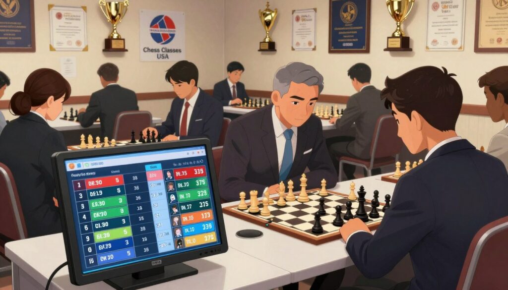 A dynamic and informative illustration of a chess rating system, featuring a digital display board prominently in the foreground that shows various chess ratings and player statistics. In the middle ground, a chess tournament scene flourishes, with players—both men and women—dressed in professional business attire, deeply focused on their games. The background includes a wall of trophies and certificates showcasing achievements, with a branded logo of "Chess Classes USA" subtly integrated. Soft, focused lighting highlights the chess pieces and the players' expressions, creating a serious and engaging atmosphere. The scene is captured from a slight angle to give depth and perspective, illustrating not just the game but the competitive spirit of the tournament setting.