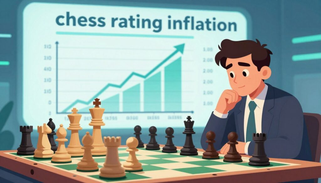 A dynamic and thought-provoking illustration representing "chess rating inflation." In the foreground, a chessboard with pieces that appear oversized and exaggerated, symbolizing inflated ratings. On one side of the board, a chess player in professional attire, deep in thought, with a focused expression, studying the pieces. In the middle ground, a blurred diagram of rating charts and graphs rising sharply, indicating the concept of inflation. The background features a digital screen displaying low to high chess ratings with a slight glow, giving it an online atmosphere. The lighting is bright yet soft, creating an engaging and cerebral mood. The overall color scheme includes vibrant blues and greens to suggest the online chess environment, with "Chess Classes USA" subtly implied in the design elements.