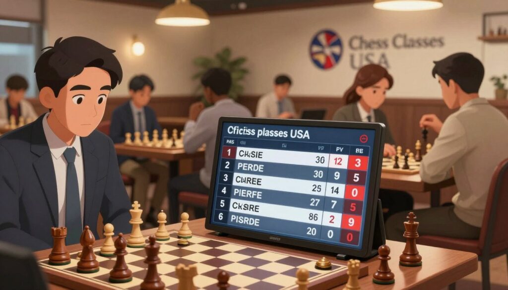 A dynamic and visually engaging illustration of an official chess rating display, set in a modern, elegant chess club environment. In the foreground, an intricately designed scoreboard reveals current and past ratings prominently, surrounded by polished wooden chess pieces partially visible on a stylish chessboard. In the middle ground, a diverse group of chess enthusiasts, dressed in smart casual attire, intently analyzes the ratings. The background features the logo of "Chess Classes USA" subtly integrated into the club's branding on the wall. Warm, ambient lighting casts a welcoming glow, enhancing the focus on the excitement and progress of chess players tracking their achievements. The atmosphere is one of determination and camaraderie, evoking the spirit of competition and personal growth in chess.