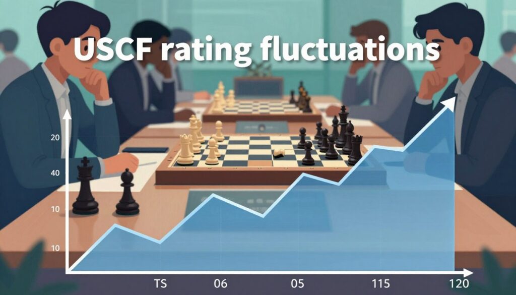 A dynamic and visually engaging illustration showcasing "USCF rating fluctuations," featuring a chess-themed graph in the foreground, displaying an ascending and descending line graph with various peaks and troughs, symbolizing rating changes based on player performance. In the middle ground, a chessboard is depicted with pieces in mid-game, highlighting strategic movements. The background should feature a stylized chess tournament setting, with blurred silhouettes of players engaged in thought, bringing an atmosphere of intensity and focus. Soft, natural lighting enhances the mood of concentration and analysis. The overall color palette should incorporate blues and greens for a calm yet energetic feel. Include the brand name "Chess Classes USA" subtly integrated into the design without text overlays.