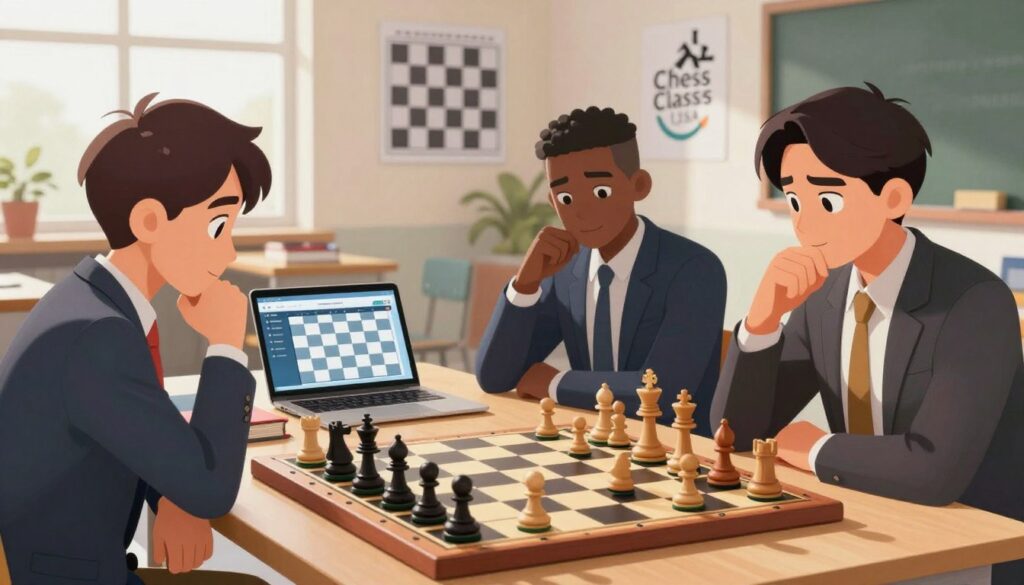 A dynamic chess board in the foreground, showcasing a mid-game scenario with various pieces in strategic positions. Depict a diverse group of three focused individuals in professional business attire, analyzing the board intently, their expressions reflecting determination and growth mindset. In the middle ground, include chess books and digital devices displaying chess strategy apps, symbolizing learning and improvement. The background features a bright, modern classroom setting with motivational chess-themed artwork on the walls. Soft, natural lighting floods the scene, casting gentle shadows, creating an uplifting and inspiring atmosphere. Include elements that represent Chess Classes USA, emphasizing the importance of education in chess mastery. The overall mood is one of collaboration, ambition, and long-term development in chess skills.