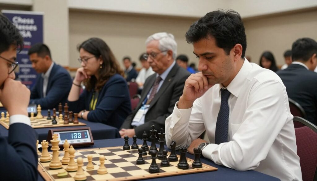 A dynamic chess match in progress, featuring two players intensely focused on their game. In the foreground, a middle-aged man in a crisp white dress shirt and a tie deliberates over his next move, with a chess clock ticking beside him. The middle ground shows a diverse group of spectators, including a young woman in smart casual attire and an elder gentleman in a blazer, all observing with keen interest. In the background, a well-lit chess tournament hall, decorated with banners for "Chess Classes USA," creates a professional and competitive atmosphere. Soft, diffused lighting enhances the sense of tension and concentration in the room. The camera angle captures the players and spectators at eye level, emphasizing the importance of decision-making in chess.