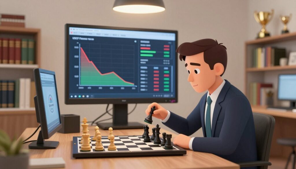 A dynamic chess performance calculation scene set in a minimalistic office environment. In the foreground, a professional chess player wearing business attire is focused on a digital chessboard, with chess pieces in mid-move. In the middle ground, a large screen displays colorful graphs and statistics related to chess performance metrics and USCF ratings. The background features shelves filled with chess books and trophies, softly illuminated by warm overhead lighting, creating an atmosphere of concentration and determination. The lens captures the scene with a shallow depth of field, emphasizing the player and their strategy. Include a tasteful logo design of "Chess Classes USA" subtly integrated into the digital display, ensuring an engaging and informative visual without any text overlays. A dynamic chess performance calculation scene set in a minimalistic office environment. In the foreground, a professional chess player wearing business attire is focused on a digital chessboard, with chess pieces in mid-move. In the middle ground, a large screen displays colorful graphs and statistics related to chess performance metrics and USCF ratings. The background features shelves filled with chess books and trophies, softly illuminated by warm overhead lighting, creating an atmosphere of concentration and determination. The lens captures the scene with a shallow depth of field, emphasizing the player and their strategy. Include a tasteful logo design of "Chess Classes USA" subtly integrated into the digital display, ensuring an engaging and informative visual without any text overlays.