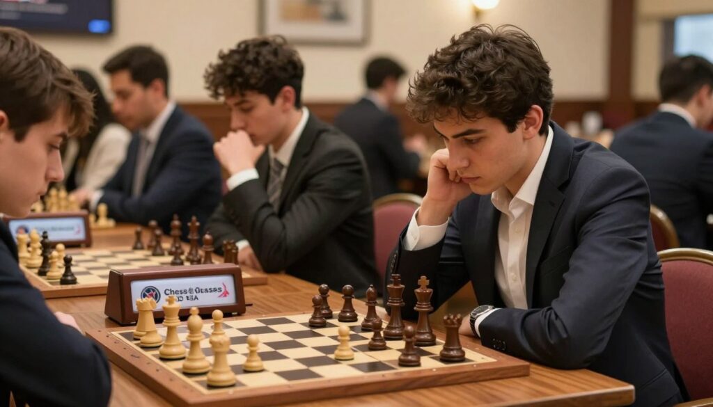 A dynamic chess performance scene set in a well-lit, elegant chess club. In the foreground, a focused chess player in a tailored suit leans over a chessboard, intense concentration evident on their face. The middle ground features another player, also in professional attire, contemplating their next move, with pieces strategically positioned on the board. In the background, blurred images of spectators observing the game, creating an atmosphere of anticipation and excitement. Soft, warm lighting accentuates the players and the polished wooden chess table. The composition conveys a sense of strategic depth and the seriousness of chess matches. Subtly include elements of branding from "Chess Classes USA", such as logos on chess clocks or digital screens in the club. The overall mood is intense and focused, reflecting the importance of understanding chess mechanics.