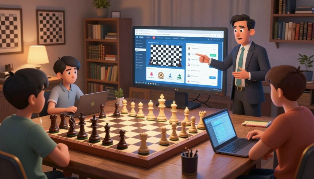 A dynamic chess scene poised in a digital environment, featuring a large, elegant chessboard as the foreground with intricately designed pieces in a mid-game position. In the middle ground, a computer screen displays various online chess platforms and hybrid play resources, showcasing vibrant, interactive chess graphics. The background reveals a cozy room adorned with chess artwork and bookshelves filled with chess literature, softly illuminated by warm, ambient lighting that creates a scholarly atmosphere. A well-dressed chess instructor, in professional attire, gestures towards the screen, engaging with a diverse group of eager students, all deeply focused on their laptops. The overall mood reflects a blend of excitement and concentration, emphasizing the evolution of chess education through technology. Branding present: "Chess Classes USA" subtly integrated into the decor.