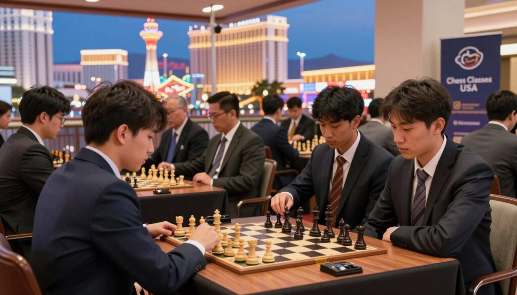 A dynamic chess scene set in Nevada, showcasing a competitive tournament environment. In the foreground, a polished wooden chessboard is surrounded by players in professional business attire, deeply focused on their matches. The middle ground features elegantly dressed spectators watching attentively, while a backdrop of the iconic Las Vegas Strip glimmers at dusk, illuminated by neon lights. Soft warm lighting bathes the scene, creating an inviting atmosphere that exudes excitement and intensity. Include subtle branding elements associated with "Chess Classes USA," such as a discreet logo on the chessboard or a nearby banner. Capture the essence of strategy and community within the vibrant chess culture of Nevada.