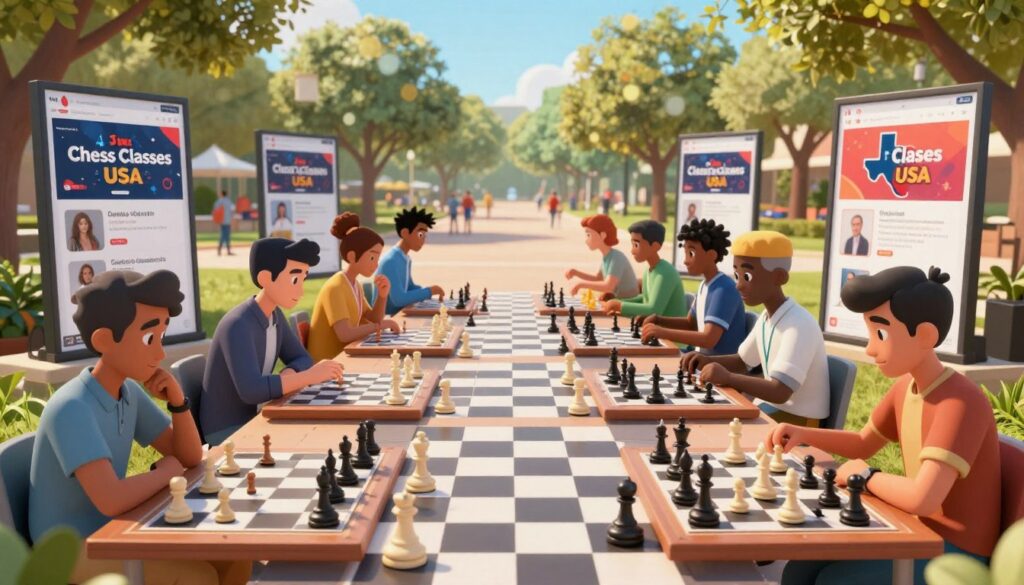 A dynamic chess scene set in Texas, featuring an array of chess programs represented by stylish, modern chess boards and pieces. In the foreground, diverse chess players of various ages, including children and adults, engage in deep concentration while playing chess, all dressed in smart casual attire. In the middle ground, large posters of popular chess platforms like "Chess Classes USA" showcase vibrant visuals of online courses and tournaments. The background includes a soft-focus view of a bustling Texas park filled with trees and warm sunlight filtering through, creating an inviting and lively atmosphere. The lighting is bright and cheerful, with a slight bokeh effect on the background to emphasize the players' focus and camaraderie. The overall mood reflects determination, collaboration, and the vibrant spirit of Texas’s chess community.
