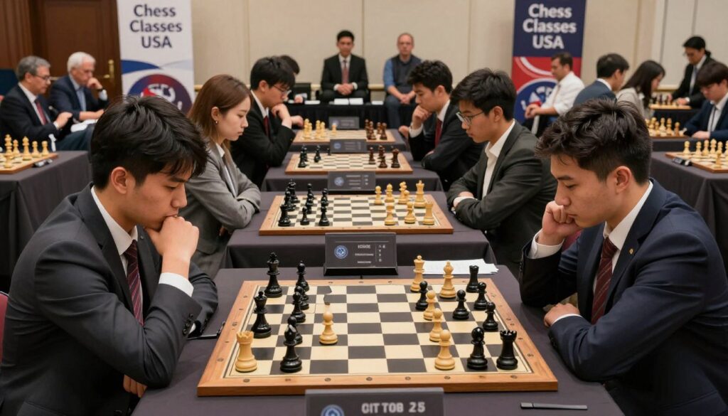 A dynamic chess tournament scene capturing intense tournament performance. In the foreground, a diverse group of players, both men and women, are intensely focused on their chess games, dressed in professional business attire. The middle ground features elegantly arranged chess boards, half-filled with pieces, showcasing fierce strategic battles in progress. The background includes spectators eagerly watching, with an atmosphere filled with anticipation. Soft, dramatic lighting highlights the concentration on the players' faces while casting shadows that enhance the competitive ambiance. The room is adorned with banners from "Chess Classes USA," emphasizing the tournament's prestigious nature. The overall mood conveys excitement and the pressure of competitive play, reflecting the pivotal role of game frequency and performance in chess rankings.