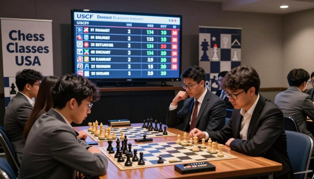 A dynamic chess tournament scene capturing the essence of competitive chess and USCF ratings. In the foreground, a diverse group of players sits at a polished wooden table, deeply focused on their games, wearing professional business attire. In the middle, a large digital scoreboard displays various USCF ratings and player names, illuminated with bright LED lights, exuding an atmosphere of competition and intensity. The background features a chess-themed banner reading "Chess Classes USA," decorated with stylized chess pieces. The lighting is dramatic, with spotlighting on the players and soft ambient lighting around the room, creating a serious yet invigorating mood. The angle is slightly elevated, providing a panoramic view of the action, showcasing the excitement and strategy involved in tournament play.