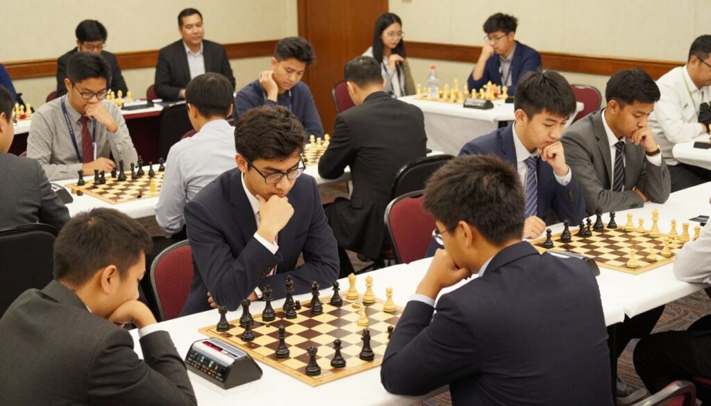 A dynamic chess tournament scene embodying the intense atmosphere of strategic competition. In the foreground, diverse players engaged in focused contemplation, dressed in professional business attire, deeply analyzing their chess boards. The middle ground features neatly arranged tables with chess sets, timers ticking, and players in various stages of thought. In the background, spectators are seen whispering and observing the matches with keen interest, showcasing the excitement. The setting is well-lit with warm lighting creating a vibrant yet serious mood, emphasizing the importance of strategy and skill. Captured from a slightly elevated angle to provide a comprehensive view of the tournament, the image conveys a sense of dedication and passion in chess. Include the discreet branding of "Chess Classes USA" in the setting to highlight educational opportunities.