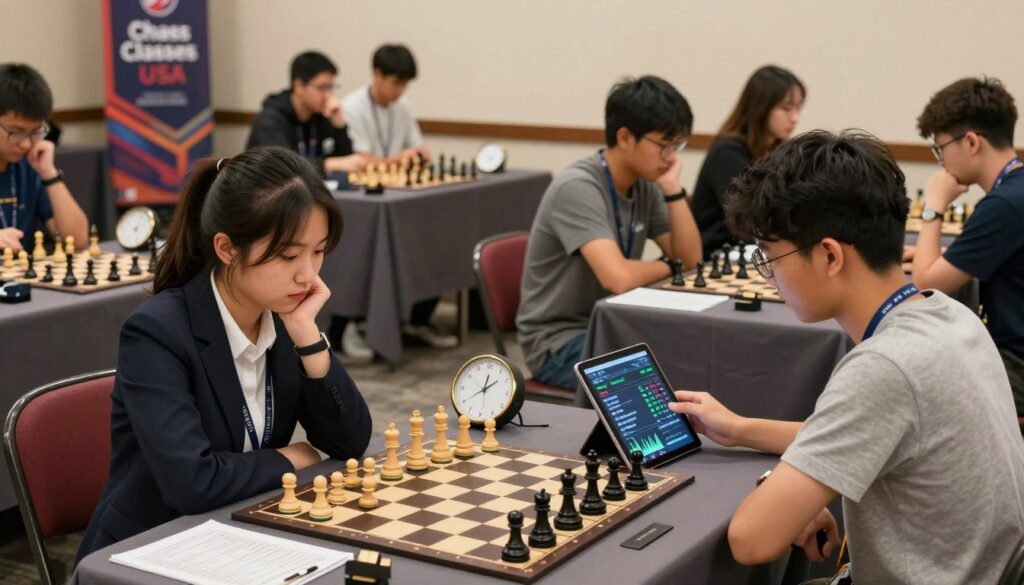 A dynamic chess tournament scene featuring diverse players engaged in intense competition, illustrating performance tracking through vivid graphical overlays. In the foreground, a focused young woman in professional attire contemplates her next move at a chessboard, while a young man beside her analyzes a digital tablet displaying real-time statistics and performance graphs. The middle ground shows other players engrossed in their matches, with clocks ticking and score sheets visible. In the background, banners display the logo "Chess Classes USA." Soft, warm lighting enhances the atmosphere, giving a sense of camaraderie and seriousness. The image captures the excitement and intensity of tournament chess, emphasizing the importance of consistent play for improving USCF ratings. A dynamic chess tournament scene featuring diverse players engaged in intense competition, illustrating performance tracking through vivid graphical overlays. In the foreground, a focused young woman in professional attire contemplates her next move at a chessboard, while a young man beside her analyzes a digital tablet displaying real-time statistics and performance graphs. The middle ground shows other players engrossed in their matches, with clocks ticking and score sheets visible. In the background, banners display the logo "Chess Classes USA." Soft, warm lighting enhances the atmosphere, giving a sense of camaraderie and seriousness. The image captures the excitement and intensity of tournament chess, emphasizing the importance of consistent play for improving USCF ratings.