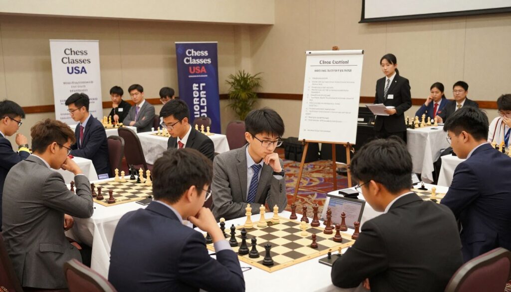 A dynamic chess tournament scene inside a well-lit tournament hall, featuring elegantly arranged chessboards on tables surrounded by focused players. The foreground showcases a diverse group of competitors in professional business attire, intensely engaged in their matches. In the middle ground, a tournament director reviews the official rules displayed on a large easel, emphasizing key points like time control and conduct. The background includes banners of "Chess Classes USA" and spectators observing the games with expressions of anticipation. Soft, warm lighting illuminates the space, creating a vibrant yet serious atmosphere conducive to strategic thinking. The camera angle captures the energy of the event while maintaining clarity on the tournament rules.
