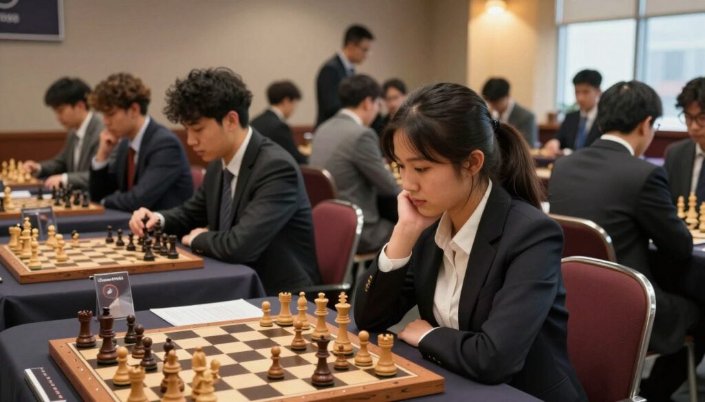 A dynamic chess tournament scene showcasing diverse players in professional business attire, deeply focused on their games. In the foreground, a young woman contemplates her next move, her expression a mix of concentration and strategy, with a classic wooden chess set before her. The middle ground captures several players engaged in intense matches, the competitive atmosphere palpable. Background elements feature rows of spectators, some whispering strategy, others watching intently. Subtle overhead lighting highlights the chessboards, creating a spotlight effect, while ambient light from large windows brings warmth to the room. The overall mood is serious yet inspiring, emphasizing the competitive spirit of chess and the dedication to improving ratings through tournament play. The logo of "Chess Classes USA" is subtly integrated into the scene without being intrusive.
