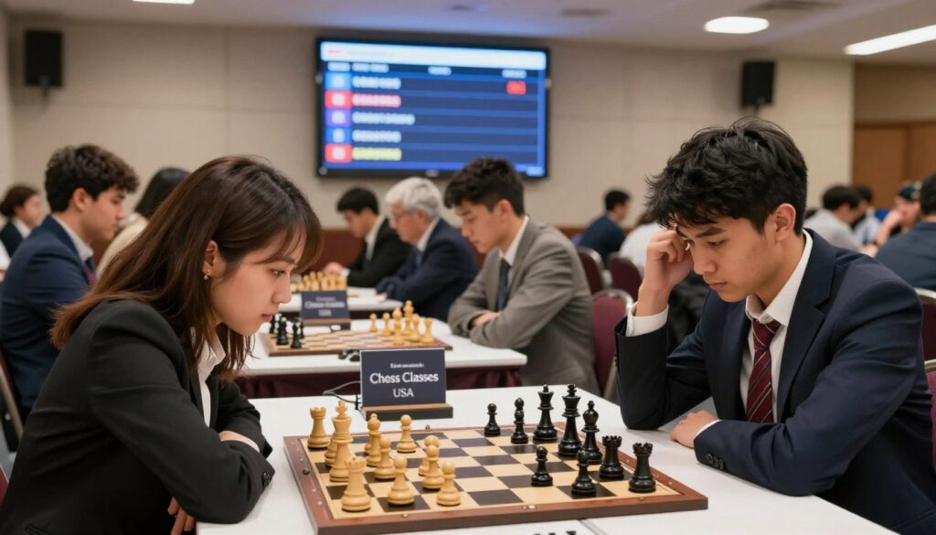 A dynamic chess tournament scene showcasing intense competition among diverse players at a well-lit venue. In the foreground, a focused female chess player in professional business attire leans forward, analyzing the board with determination. Nearby, a young male player, also in business attire, scratches his head in contemplation, showcasing the weight of performance. In the middle ground, several chessboards are visible, with pieces in various states of play, surrounded by spectators eagerly observing the matches. The background features a large digital scoreboard displaying fluctuating ratings, emphasizing the theme of performance ratings versus established ratings. The atmosphere is charged with concentration and anticipation, illuminated by soft overhead lighting to create a warm yet intense ambiance. This scene embodies the essence of "Chess Classes USA," highlighting the competitive spirit in chess.