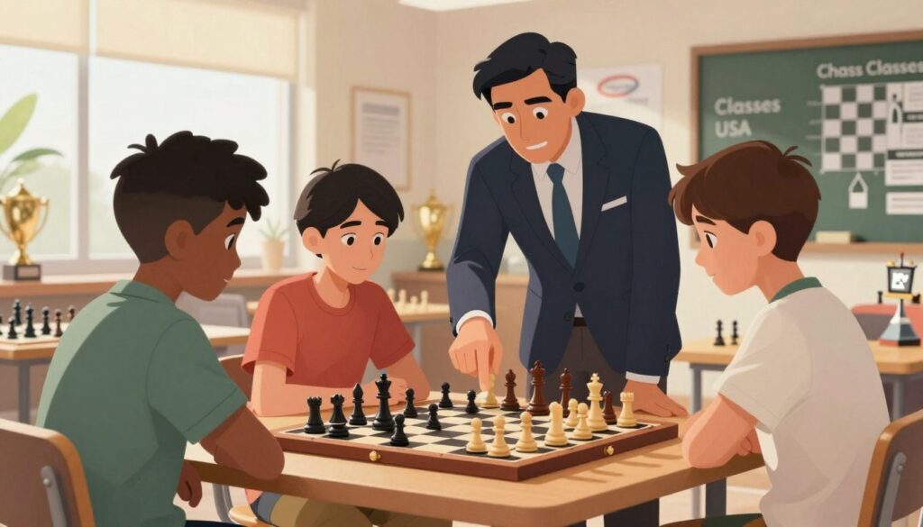 A dynamic chess training environment showcasing individuals engaged in skill development. In the foreground, a diverse group of three students of varying ages, dressed in smart casual clothing, intensely focused on a chessboard, strategizing their moves. In the middle, a skilled instructor, wearing business attire, observes and offers guidance, pointing to a position on the board. The background features a bright, welcoming classroom filled with chess trophies and motivational posters about strategy and growth. Soft, natural lighting filters in through large windows, creating an uplifting atmosphere. The overall mood conveys collaboration, learning, and determination, emphasizing the importance of continuous improvement in chess skills. The scene subtly includes the branding of "Chess Classes USA" on a poster in the background.