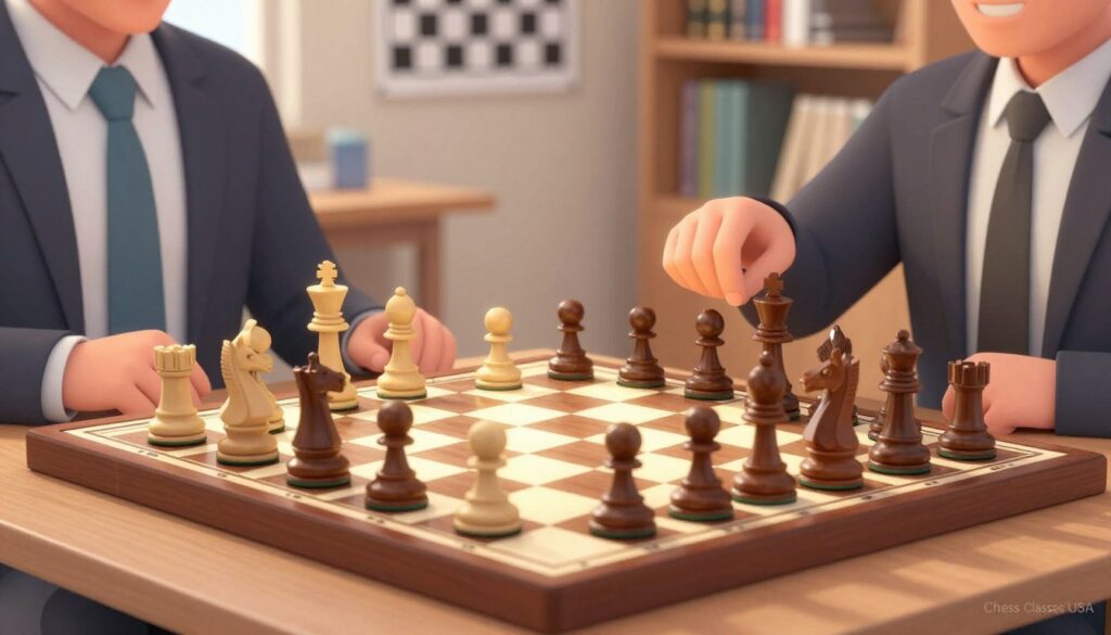 A dynamic chessboard set up for an opening strategy session, showcasing a well-organized display of chess pieces in mid-game positions to exemplify strategic moves. In the foreground, a pair of hands, dressed in professional business attire, ready to make a move on the board, with carefully positioned pawns and knights indicating a key opening—perhaps the Ruy Lopez or Sicilian Defense. The middle ground features a detailed chessboard, highlighted with a warm glow from soft lighting, casting subtle shadows for depth. In the background, a blurred, modern classroom with chess-themed posters and bookshelves filled with chess literature represents a learning environment. The atmosphere is focused and strategic, capturing the essence of developing a reliable opening repertoire. Watermarked subtly in the corner is "Chess Classes USA."