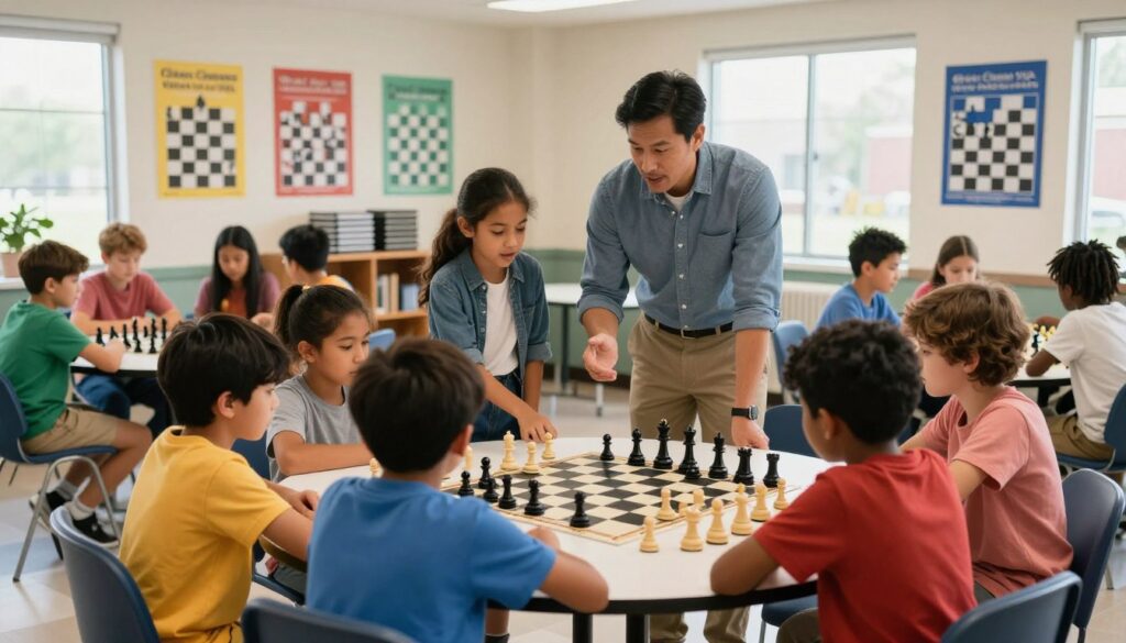 A dynamic, engaging scene depicting a youth chess program in a bright, spacious community center. In the foreground, a diverse group of children, aged 8-12, focused intently on a chess game at a round table, dressed in modest casual clothing. In the middle ground, a dedicated coach, wearing smart casual attire, is mentoring a girl, explaining the strategy with enthusiasm. Surrounding them, colorful posters of chess pieces adorn the walls, and chessboards are stacked neatly on a nearby shelf. In the background, large windows allow natural light to flood in, creating a warm and inviting atmosphere. The lens is slightly wide-angle, capturing the vibrancy of the room, with a soft depth of field to highlight the young players. Include the brand name "Chess Classes USA" subtly in the scene, suggesting a focus on learning and youth development.
