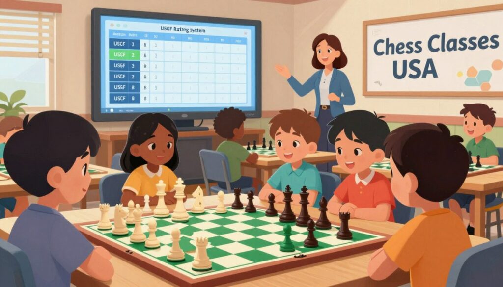 A dynamic illustration of the chess rating system visually represented in an engaging way for kids. The foreground features a colorful chessboard with pieces arranged in mid-game, alongside a visually appealing chart displaying different rating levels for children. In the middle ground, children of diverse backgrounds are focused on a large digital screen showcasing their USCF ratings, wearing casual yet tidy clothing. The background includes a friendly chess teacher, standing beside a banner that reads “Chess Classes USA,” radiating positivity and enthusiasm. The lighting is bright and cheerful, evoking a sense of excitement and support within the chess environment. The image captures a playful yet educational atmosphere, perfect for conveying the fundamentals of chess ratings to young players and their parents. A dynamic illustration of the chess rating system visually represented in an engaging way for kids. The foreground features a colorful chessboard with pieces arranged in mid-game, alongside a visually appealing chart displaying different rating levels for children. In the middle ground, children of diverse backgrounds are focused on a large digital screen showcasing their USCF ratings, wearing casual yet tidy clothing. The background includes a friendly chess teacher, standing beside a banner that reads “Chess Classes USA,” radiating positivity and enthusiasm. The lighting is bright and cheerful, evoking a sense of excitement and support within the chess environment. The image captures a playful yet educational atmosphere, perfect for conveying the fundamentals of chess ratings to young players and their parents.