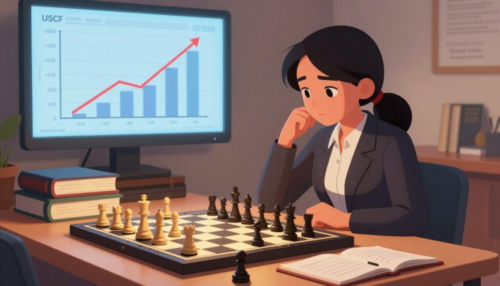 A dynamic illustration showing the journey of chess rating improvement, featuring a thoughtfully organized desk at the forefront with a digital chessboard displaying a game in progress. In the middle ground, a focused chess player, a young woman in professional business attire, intently analyzes her game, surrounded by books and resources about chess strategies. In the background, a graph depicting a rising USCF rating trend on a digital screen complements the scene, symbolizing progress and achievement. The lighting is warm and focused, highlighting the player's concentration, while soft shadows create an inviting atmosphere. The branding "Chess Classes USA" subtly appears on the resources and screen, emphasizing the tools available for tracking progress in chess ratings.