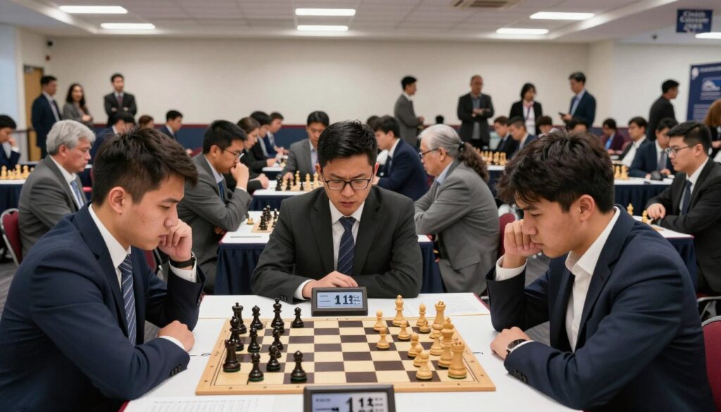 A dynamic indoor chess tournament scene showcasing intense players engrossed in their games, depicting a range of emotional expressions from concentration to determination. Foreground: a diverse group of chess players, men and women of varying ages, dressed in professional business attire, intently studying their chess boards and calculating strategies. Middle ground: several chess tables with elegantly designed chess pieces, some in mid-play, with score sheets and clocks visible. Background: a busy tournament hall with spectators observing, bright overhead lighting creating a focused atmosphere. The ambiance should feel competitive yet professional, emphasizing the importance of performance ratings in chess. Include the logo of "Chess Classes USA" subtly as part of the tournament decor.