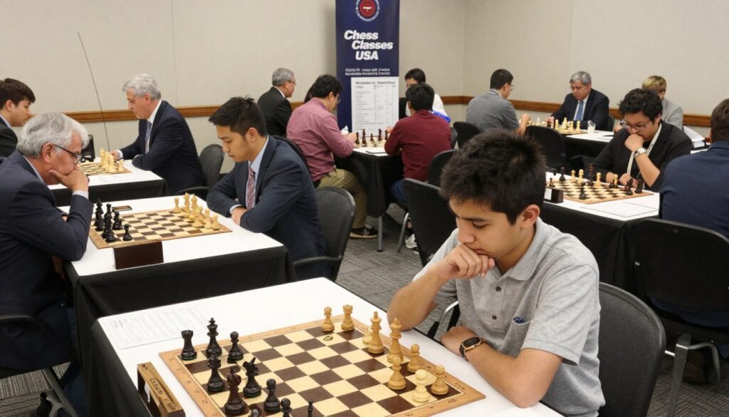 A dynamic indoor scene of a USCF-rated chess tournament. In the foreground, focused players of diverse ages, dressed in professional attire, are intently studying their chess boards. Capture a close-up of a young player, deep in thought, with a classic wooden chess set in front of them. In the middle ground, rows of tournament tables filled with participants engaged in lively matches, showcasing various chess strategies. The background features banners displaying "Chess Classes USA" alongside tournament clocks and score sheets, enhancing the competitive atmosphere. Soft, natural lighting illuminates the space, casting gentle shadows to create a focused yet energetic mood. The viewpoint is slightly elevated, allowing for a comprehensive view of the bustling tournament scene.