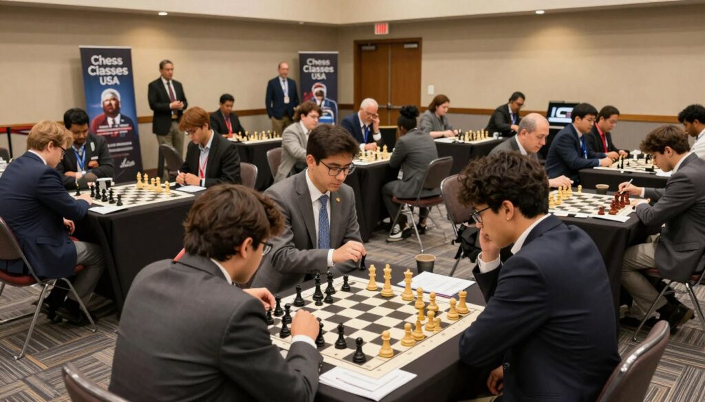 A dynamic indoor scene showcasing a Utah chess tournament in a bustling venue, with chessboards set up on sleek tables. Foreground features a diverse group of focused players in professional business attire, deeply engaged in intense matches. The middle ground captures spectators watching intently, some discussing strategies, while others take notes on their notepads. Banners reading “Chess Classes USA” are subtly displayed in the background, illustrating the tournament's branding. The atmosphere is vibrant yet focused, illuminated by soft overhead lights that create a warm ambiance, highlighting the excitement and concentration within the room. Shot from a slightly elevated angle, providing a comprehensive view of the tournament's layout and the participants’ engagement.